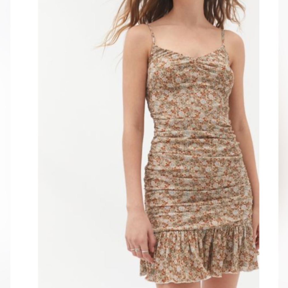 Dress Forum Ruched Bodycon Floral Mesh Mini Dress With Ruffle Small
